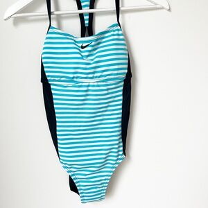 Nike Blue and White Striped One Piece Swimsuit